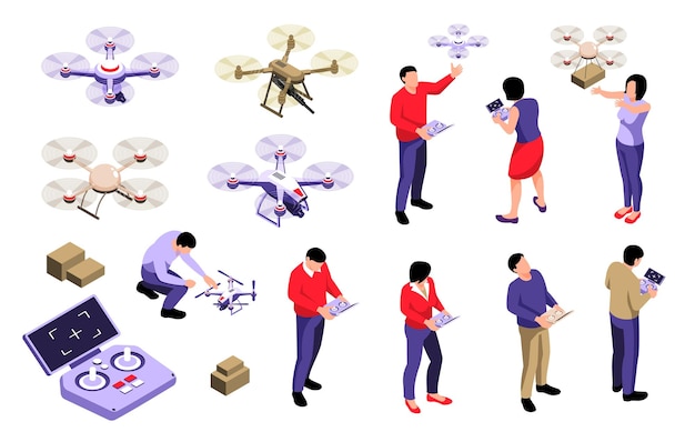 Free vector isometric drone operator set of isolated human characters with remote devices and quadcopter drones with joysticks vector illustration