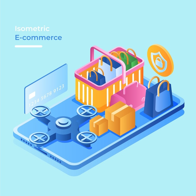 Isometric e-commerce concept with online shop