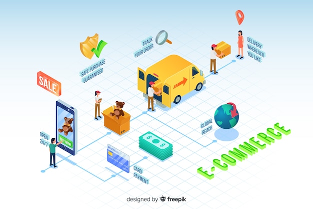 Isometric e-commerce elements background