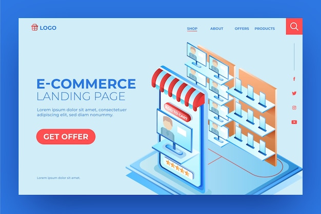 Free vector isometric e-commerce landing page tech store