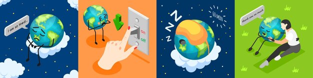 Isometric earth hour composition set with character of tired planet sleeping and thanking woman 3d isolated illustration