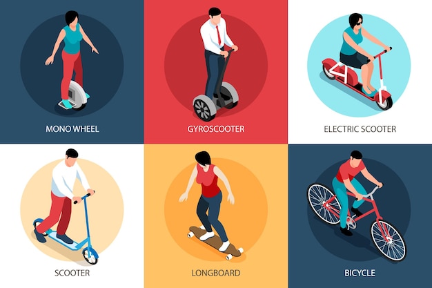 Free vector isometric eco transport design concept with editable text captions and human characters riding scooters and bicycles