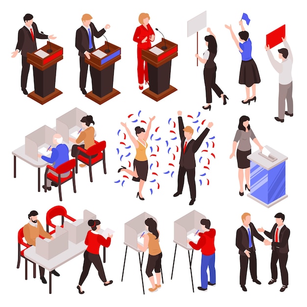 Free vector isometric election set with isolated faceless human characters of politicians team members supporters and voting people vector illustration