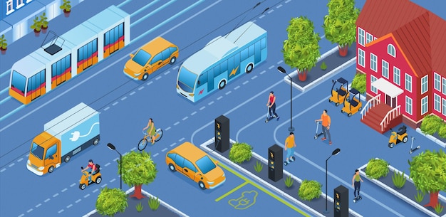 Free vector isometric electric transport on the city illustration