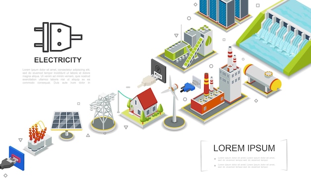 Isometric electricity concept with hydroelectric and fuel power stations biomass energy factory gas holder house windmill solar panel electric transformer  illustration