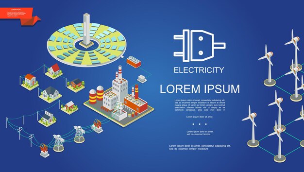 Isometric electricity production concept with solar panels energy power plant electric transformers transmission towers houses windmills  illustration