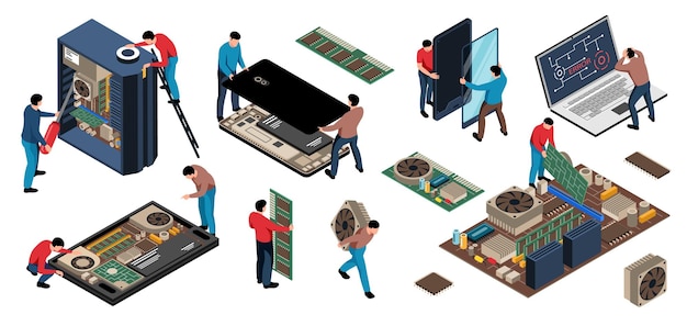 Free vector isometric electronics appliances gadget repair service set with isolated human characters of repairmen with computer circuitry vector illustration