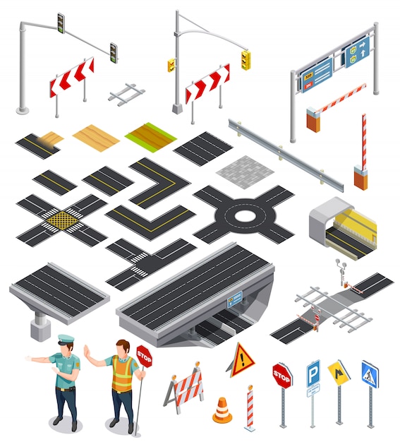 Free vector isometric elements of road sections