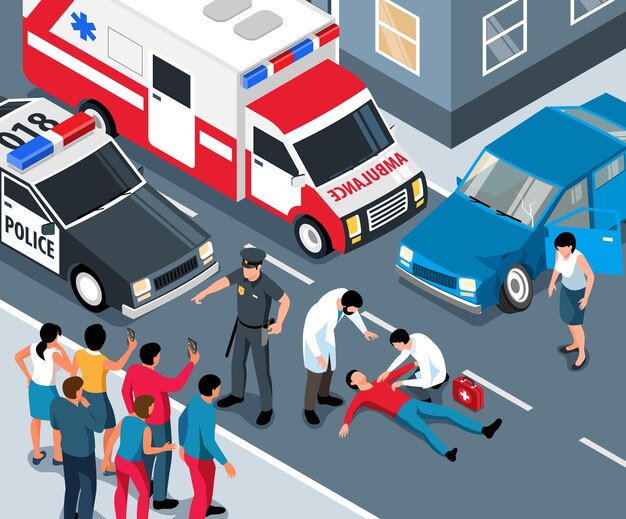 屋外の街並みと警察の救急車のベクトル図で犠牲者を助ける医師と等尺性の緊急サービスの構成