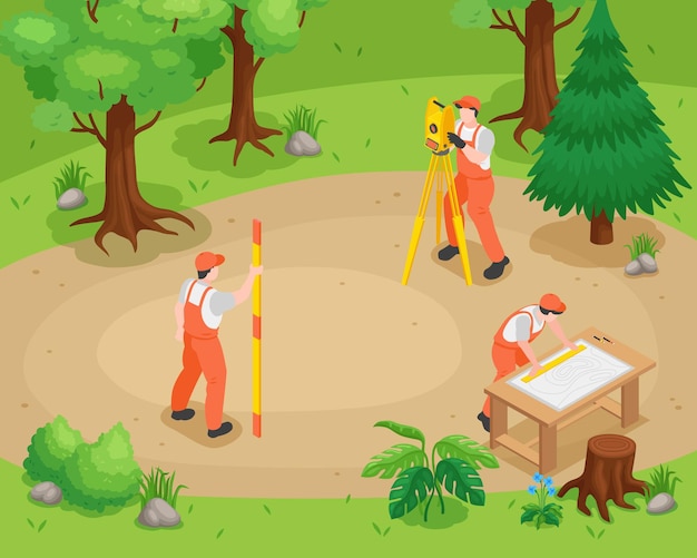 Isometric engineer surveyor concept with male professionals with measuring tools in the forest vector illustration