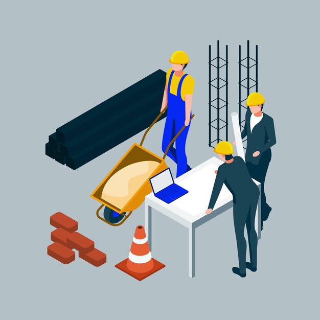 Isometric engineers working on construction illustration