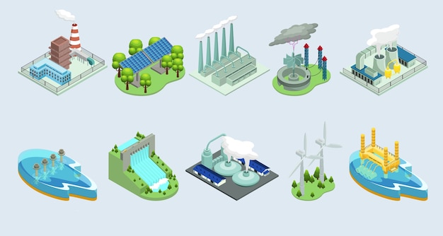 Free vector isometric environmental eco plants set with factories