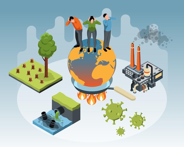 Free vector isometric environmental problems concept with planet suffers from global warming and pollution vector illustration