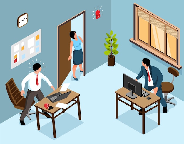 Free vector isometric evacuation concept with office workers listen to fire alarm vector illustration