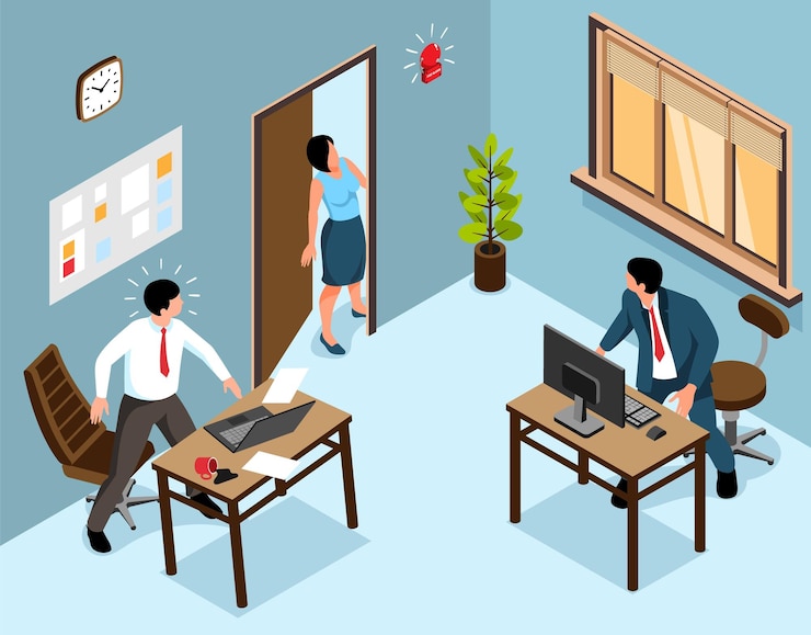 Free Vector isometric evacuation concept with office workers listen to fire alarm vector illustration