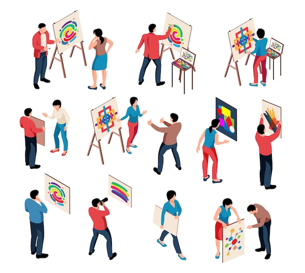 Free vector isometric exhibition art gallery artist curator ser of isolated human characters with paintings on blank background vector illustration