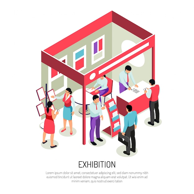 Isometric expo  composition with editable text and view of exhibition display with info stands racks