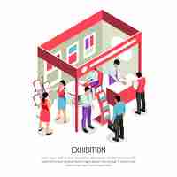 Free vector isometric expo  composition with editable text and view of exhibition display with info stands racks