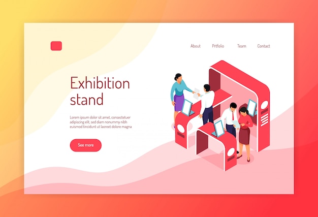 Free vector isometric expo concept banner website page design with s of exhibit racks people and clickable links