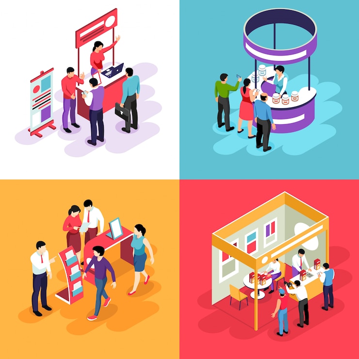 Free Vector isometric expo design concept with s of exhibit stands and people characters looking into exhibition booths 