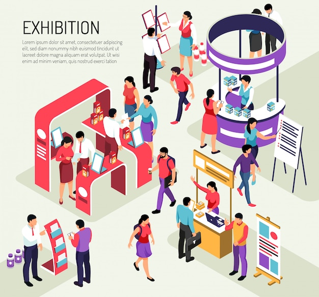 Isometric expo exhibition composition  with editable text description and colourful exhibit stands crowded with people