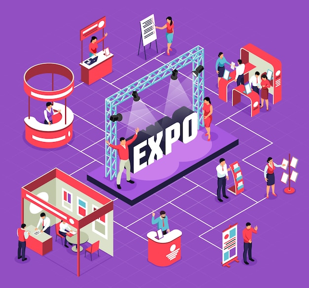 Free vector isometric expo flowchart composition with isolated s of exhibit booths stands people and stage for performance