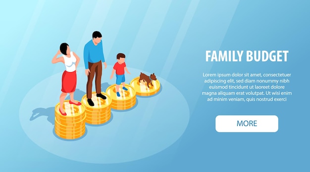 Free vector isometric family budget composition with people standing on coin stacks vector illustration