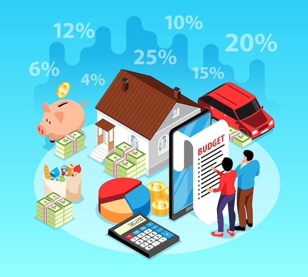 Isometric family budget concept with people counting money spending on real estate and car vector illustration