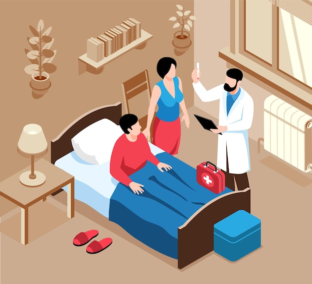 Isometric family doctor composition with indoor scenery of home bedroom with medical specialist and medicine box illustration