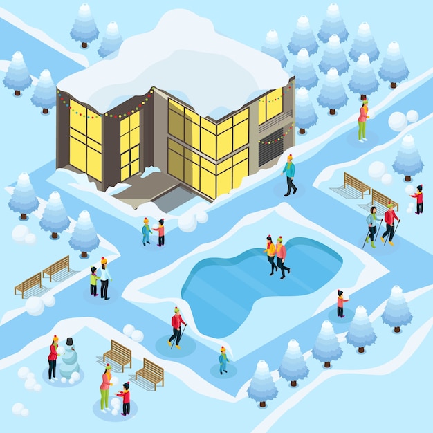 無料ベクター スノーボードスケートスキースノーマン雪に覆われた建物と木と冬の休日テンプレートに等尺性家族