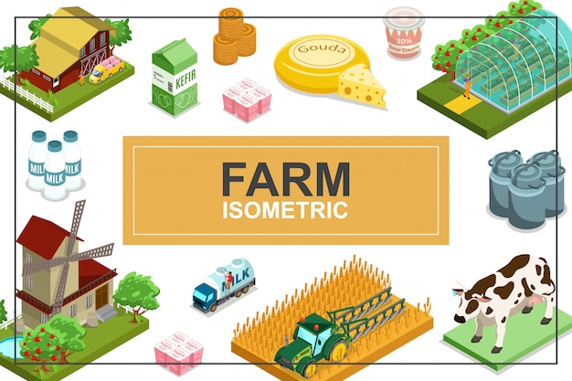 Isometric farming colorful composition with house windmill tractor greenhouse animals truck bales of hay dairy products