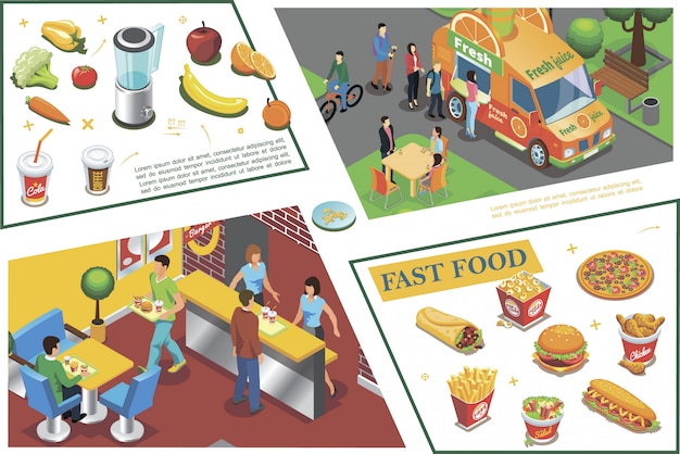 Isometric fast food colorful composition with juice truck fastfood cafe pizza french fries chicken legs sandwich burger vegetables fruits