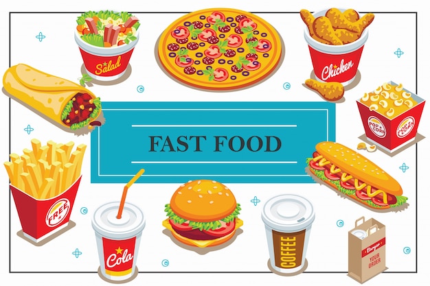 Isometric fast food composition with coffee and cola cups doner pizza salad popcorn bucket hot dog burger french fries chicken legs