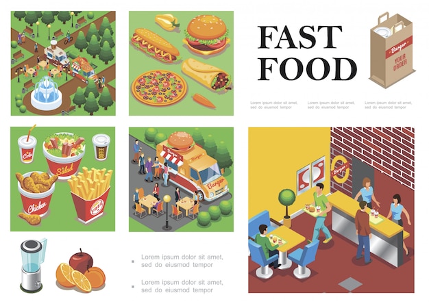 Isometric fast food composition with street food trucks fastfood restaurant fruits vegetables burger pizza doner hot dog cola coffee salad french fries