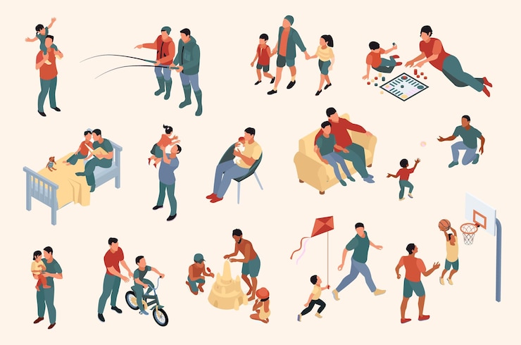 Free Vector isometric father day color set of isolated icons showing parents and kids involved in leisure activities vector illustration