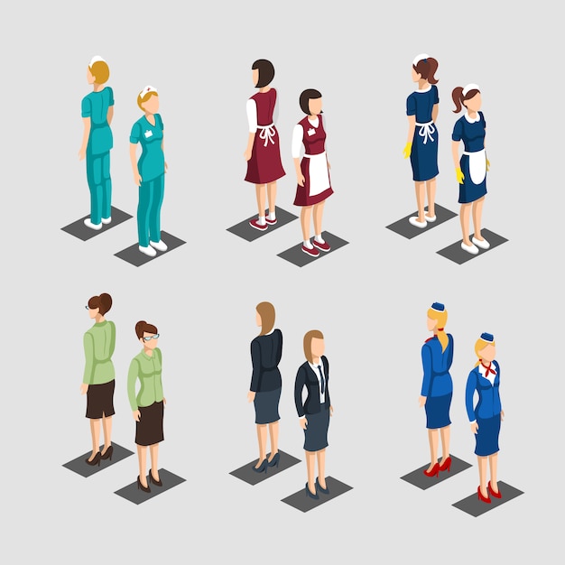 Collezione di professioni di personaggi femminili isometrici