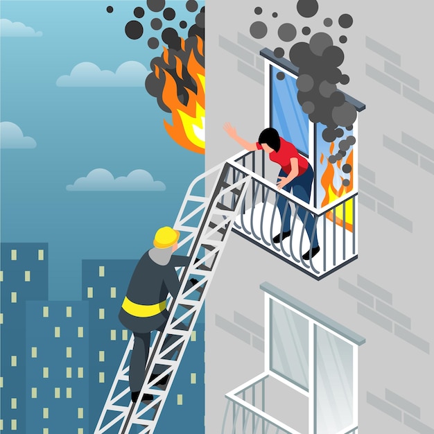 Free vector isometric firefighter composition firefighter rescues a person from balcony in burning house vector illustration