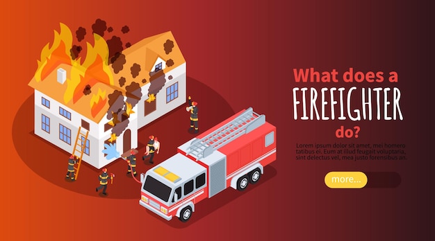 無料ベクター テキストとボタンのベクトル図で燃える家と消防隊員のビューを持つ等尺性消防士水平バナー