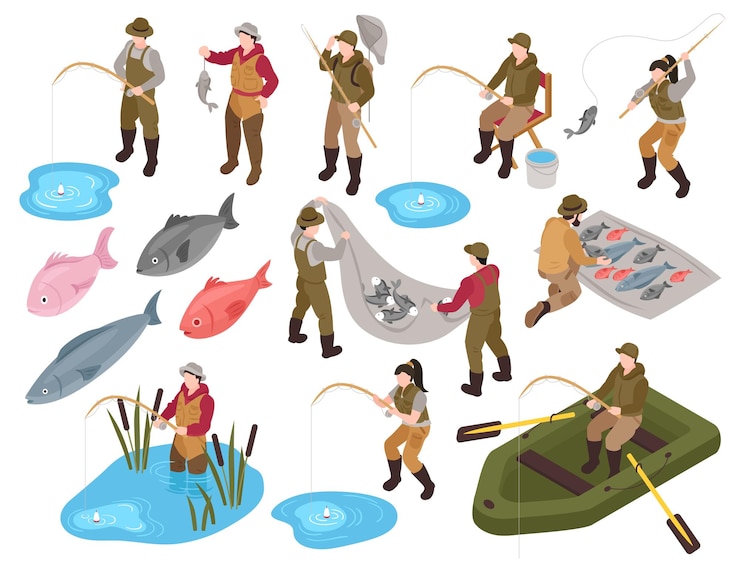 Free Vector isometric fisherman set of isolated icons and human characters with images of fishes and fishing equipment vector illustration