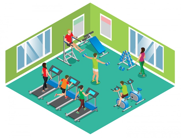 Free vector isometric fitness club concept with athletic men and women exercising on different trainers isolated