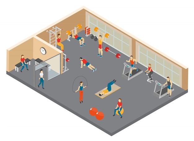 Vettore gratuito illustrazione isometrica fitness club