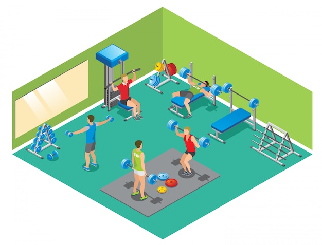 Isometric fitness concept with strong people lifting dumbbells and barbells in gym isolated 