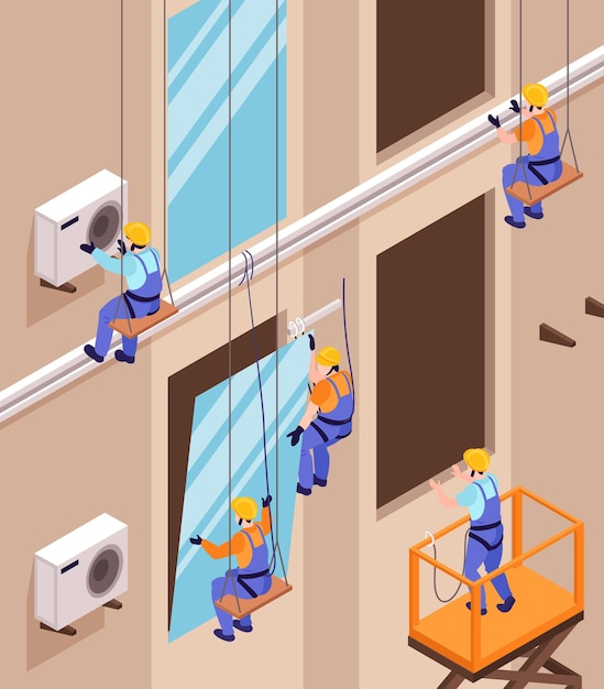 Free vector isometric fitter composition with view of high building wall with workers installing windows and air conditioners