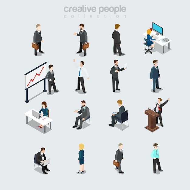 Isometric flat businesspeople diverse by job, sex, post and function at working place set. society members variety 3d isometry concept. boss, manager, secretary and accountant.