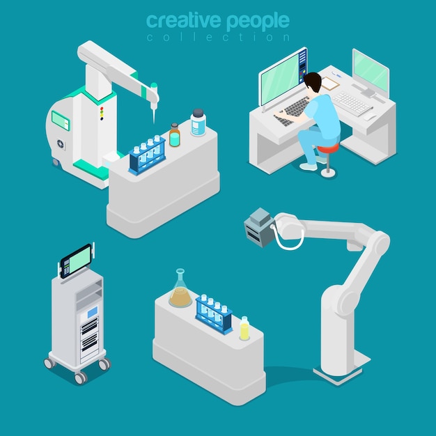 Isometric flat hospital modern equipment, computer laboratory diagnostic illustration