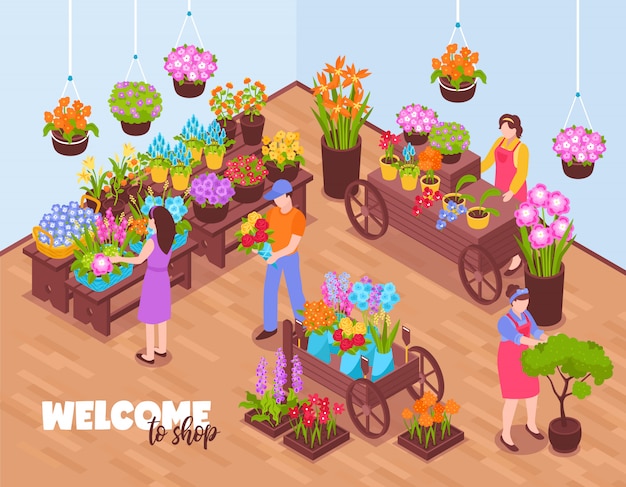 Бесплатное векторное изображение Изометрические флористы магазин композиция