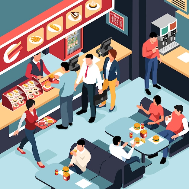 Free vector isometric food court area interior with people walking with tray eating burgers making orders vector illustration