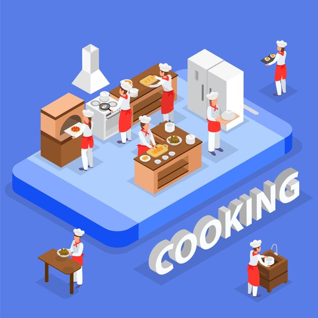 Isometric food order composition with italian restaurant staff cooking in kitchen 3d vector illustration