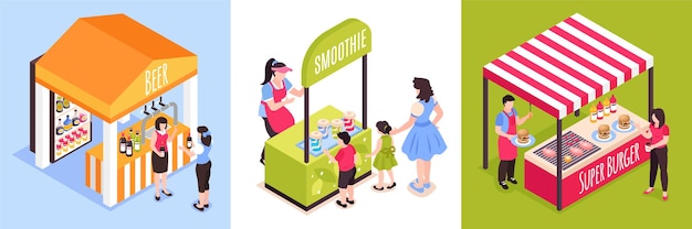 Free vector isometric food stalls illustration