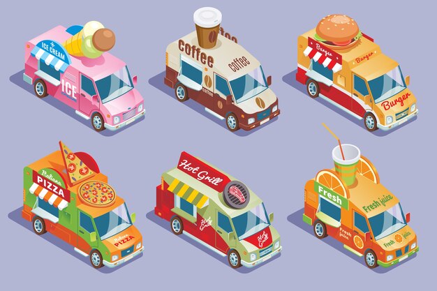 Free vector isometric food trucks collection for sale and delivery of ice cream coffee burgers pizza